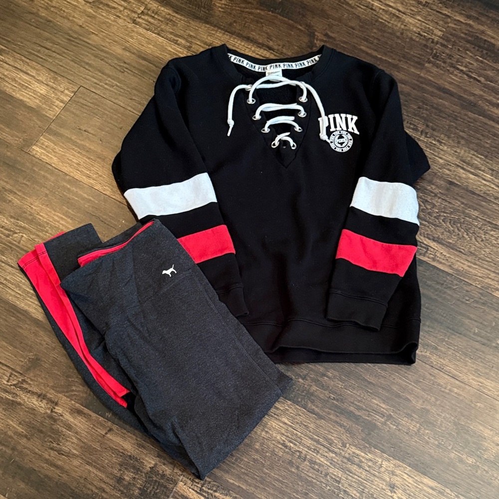 SET-PINK Victoria's Secret Black and Red Lace-Up Sweatshirt & matching leggings